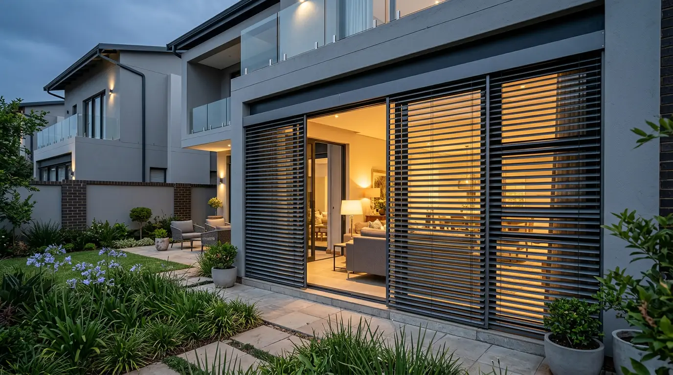 External venetian blinds outside the stacking doors of a plastered double-storey Broadacres home, blades tilted against low afternoon sun