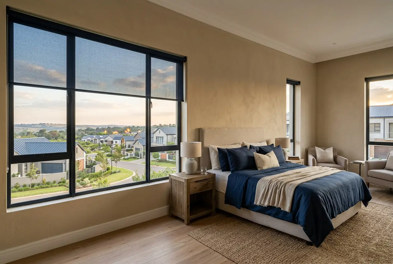 Motorised blinds in a new-build security-estate home, midnight navy and sand tones, view of the estate through the glass