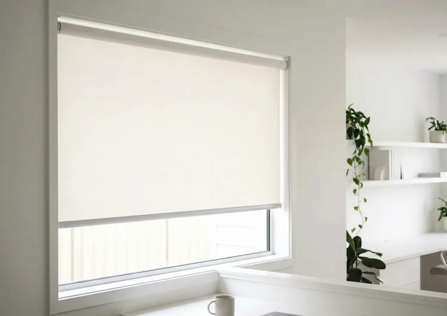 Roller blind at half height — one smooth flat sheet of fabric on its tube, no folds